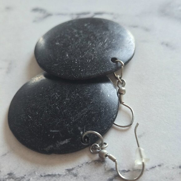 Vintage Black Carved Horn Disc Earrings - Picture 1 of 5